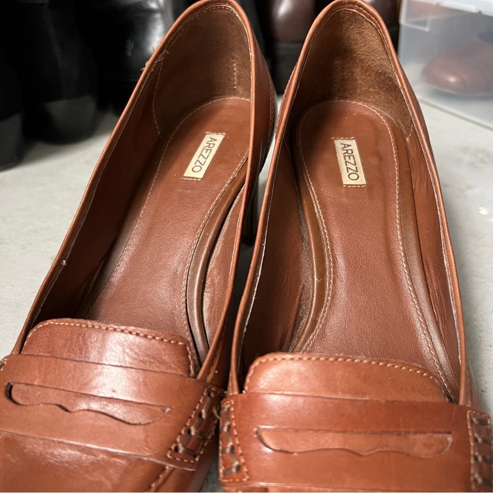 AREZZO Almond Toe Block Heel Leather Penny Loafer in Cognac Brown - Picture 3 of 15